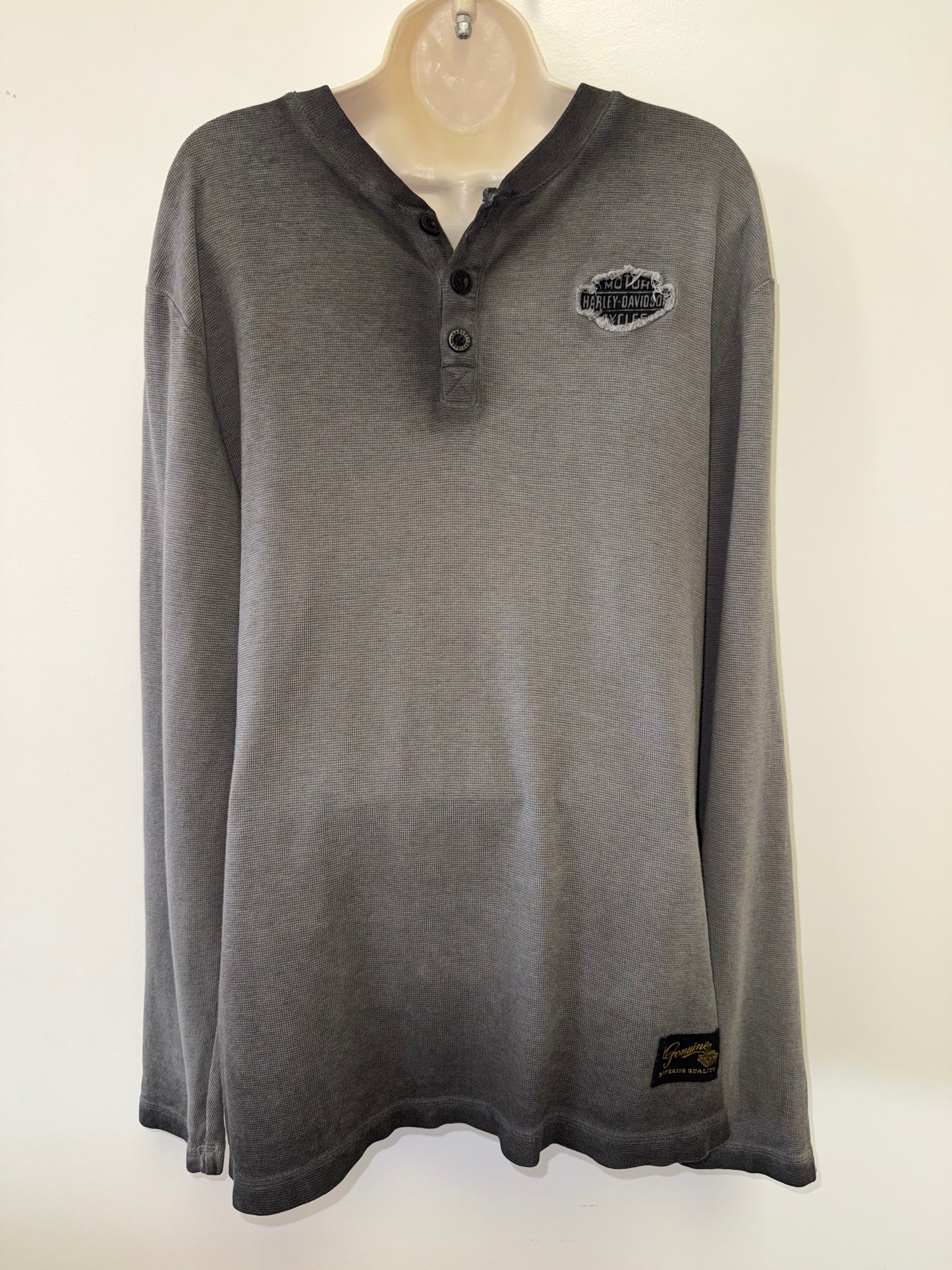 Harley Davidson (Large) Gray Waffle Knit 3/4 Button Up Long Sleeve Top