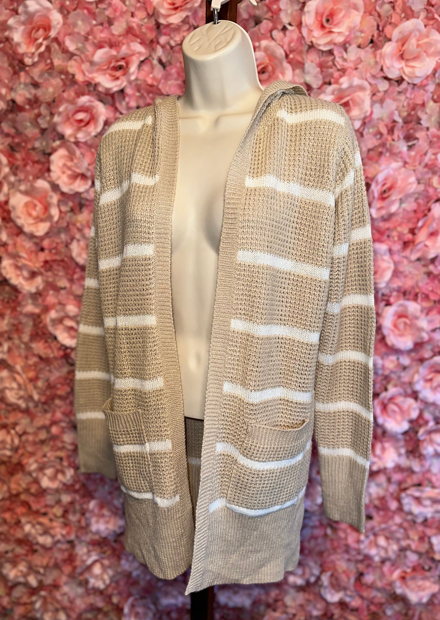 Pink Rose (Small) Creme//White Striped Sweater Cardi with Pockets & Hood