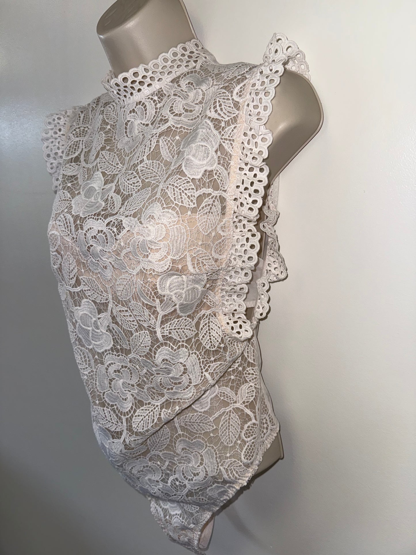 Victoria's Secret (Medium) White/Nude Lace Bodysuit with High Neck