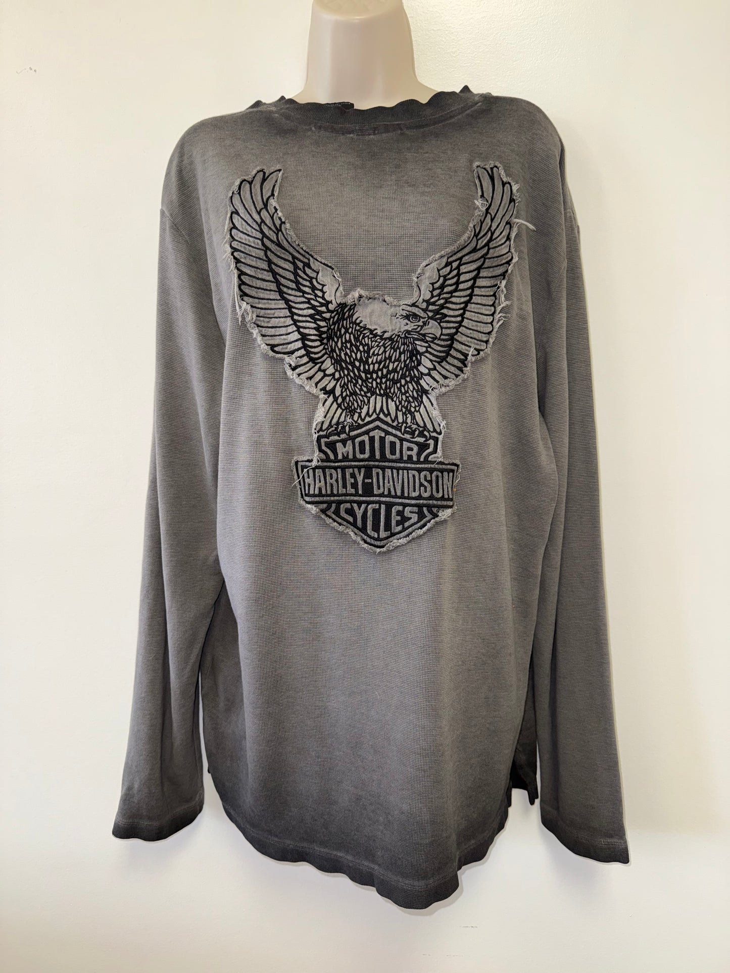Harley Davidson (Large) Gray Waffle Knit 3/4 Button Up Long Sleeve Top