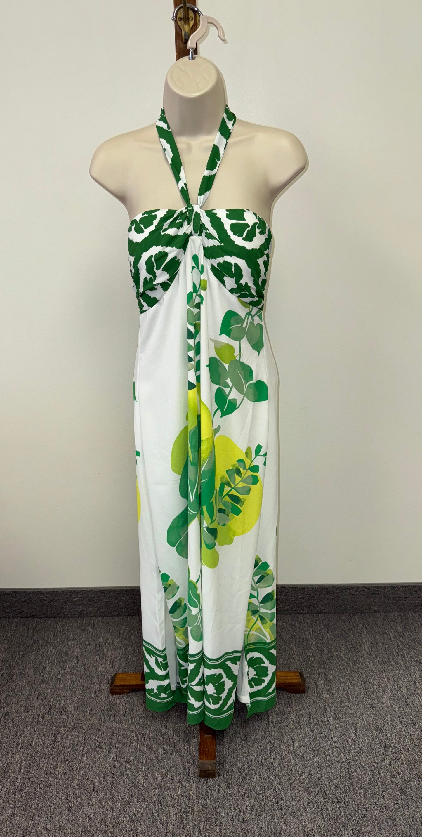 White House Black Market (4) White and Green Hawaiian Halter Neck Maxi Dress