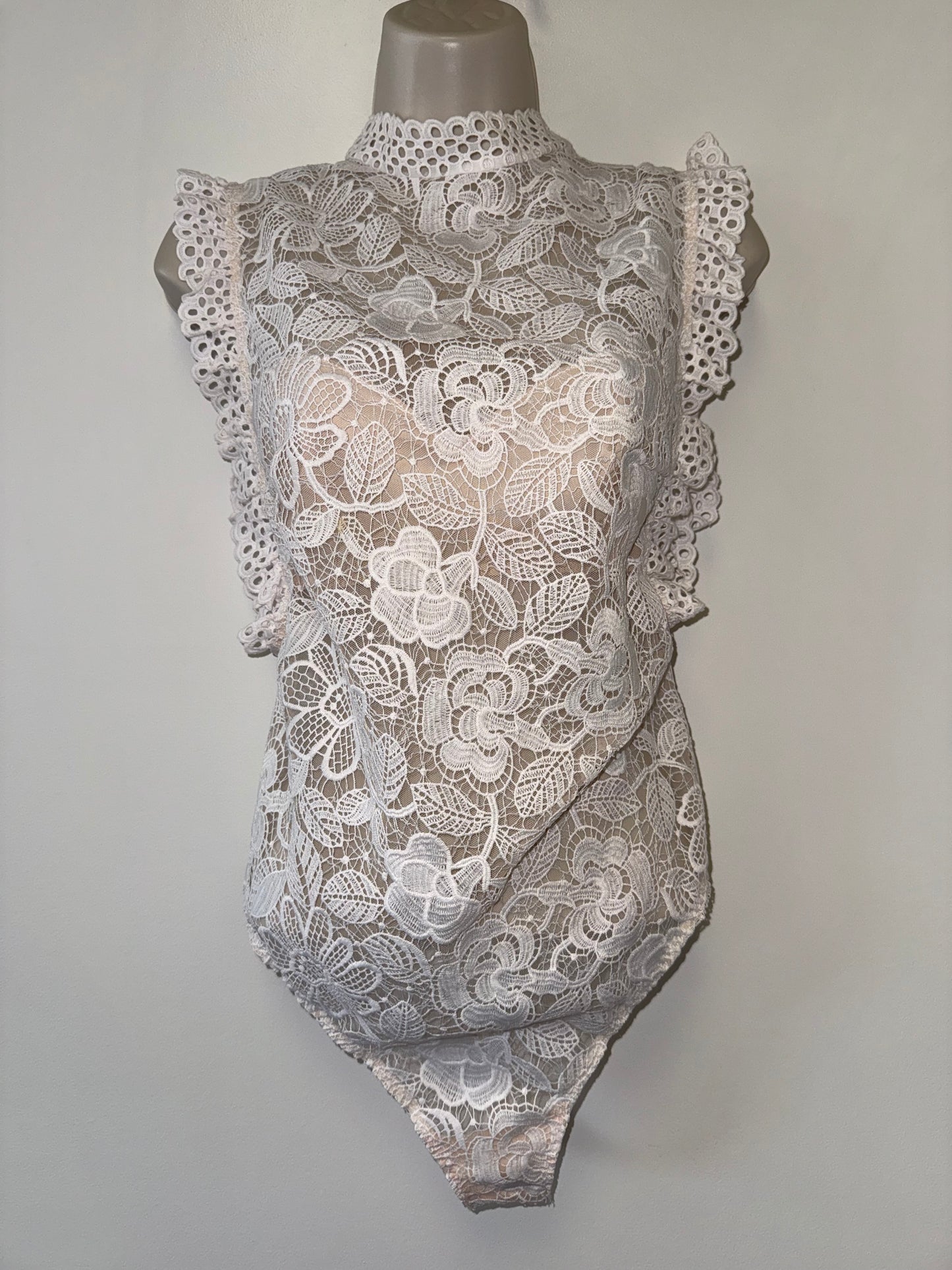 Victoria's Secret (Medium) White/Nude Lace Bodysuit with High Neck