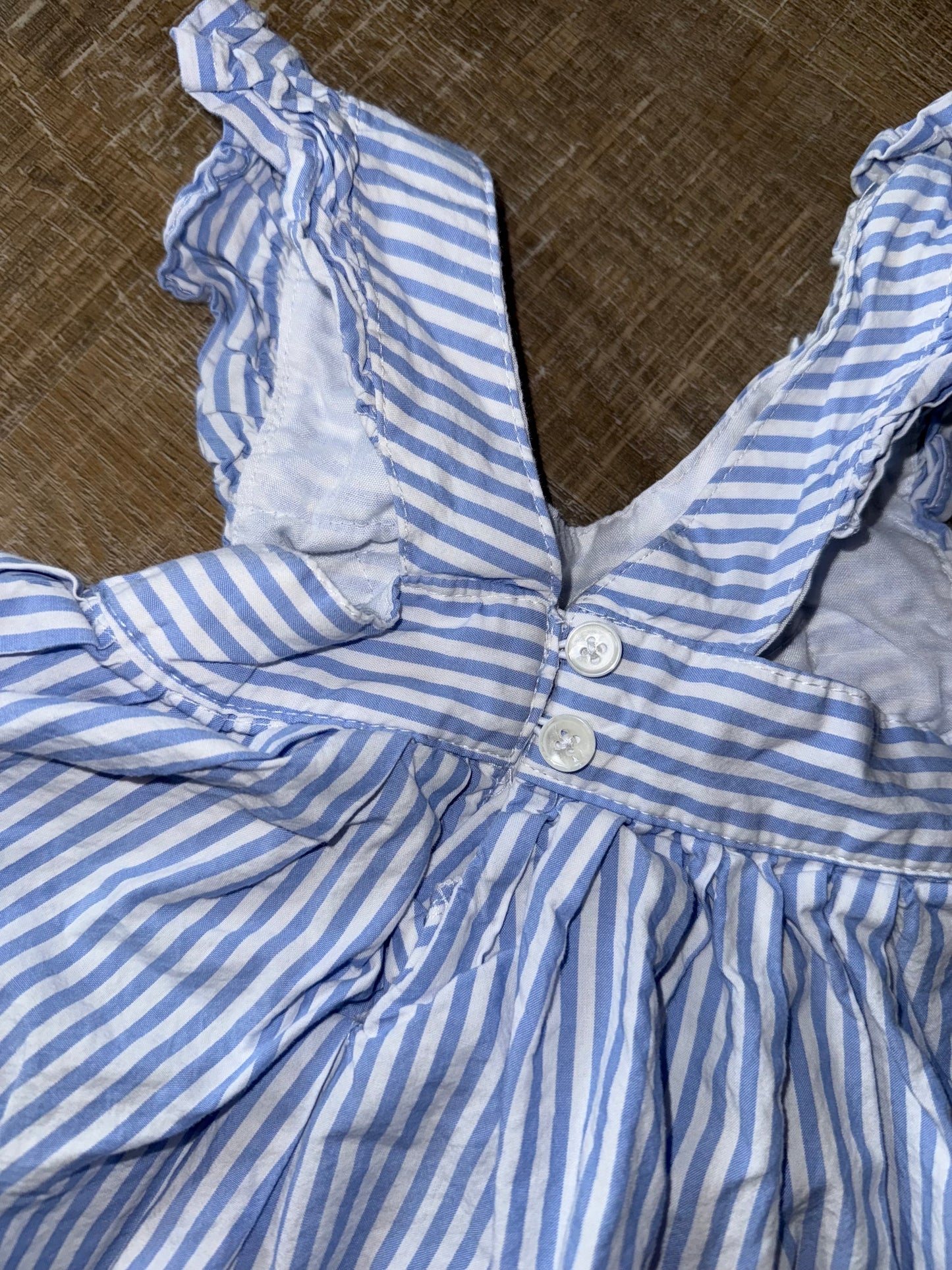 Tahari (2T) Blue & White Striped Dress with Embroidered Neck & Ruffle Sleeves