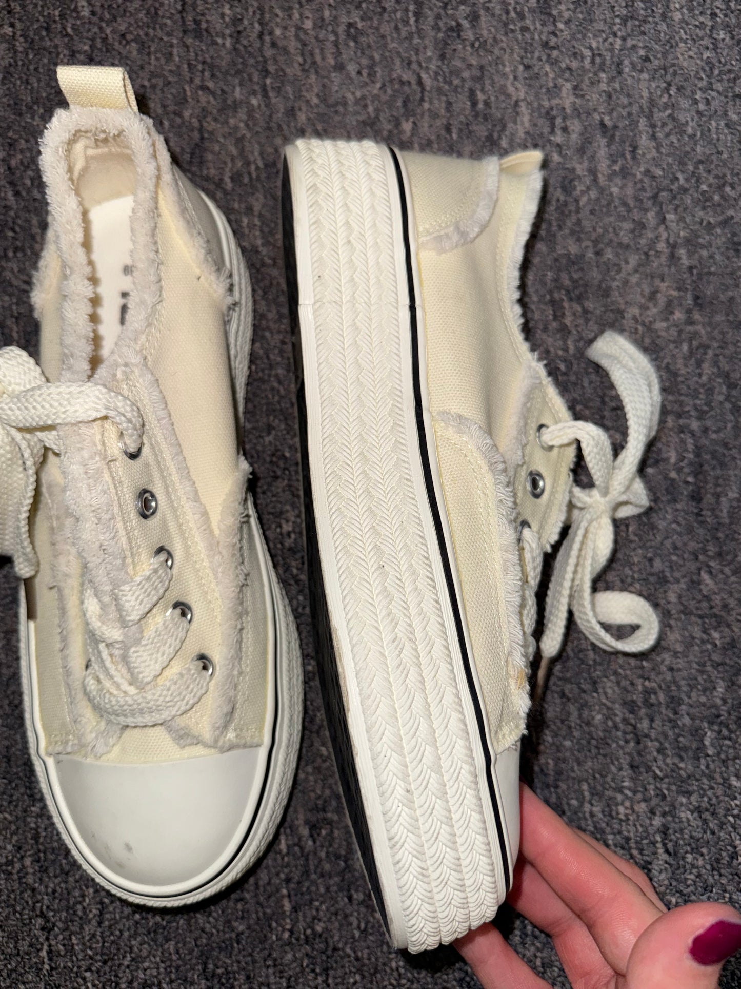 (39) Neutral Laced Sneakers with Frayed Trim