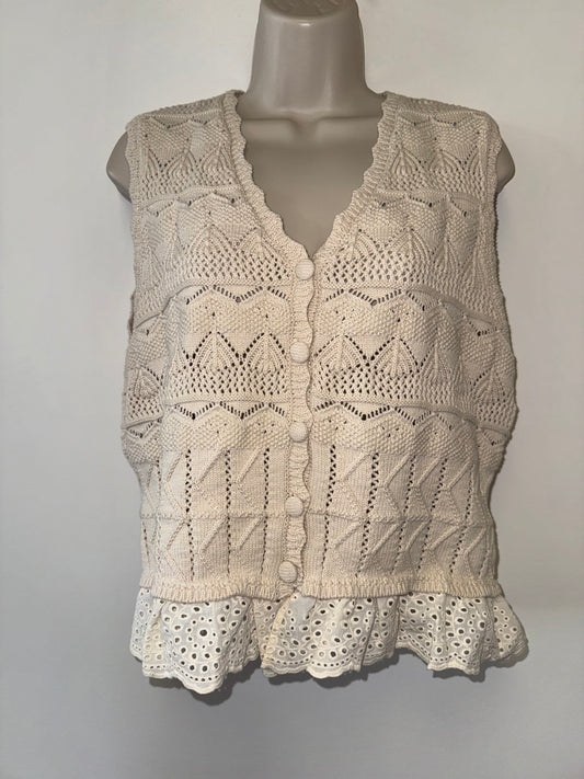 Marled (Large) Cream Crochet Knit Buttoned Sweater Vest