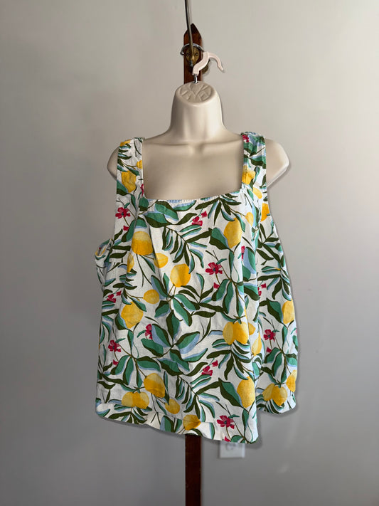 Ava & Viv (3X) Leaf & Lemon Pattern Linen Tank Top with Button Up Back