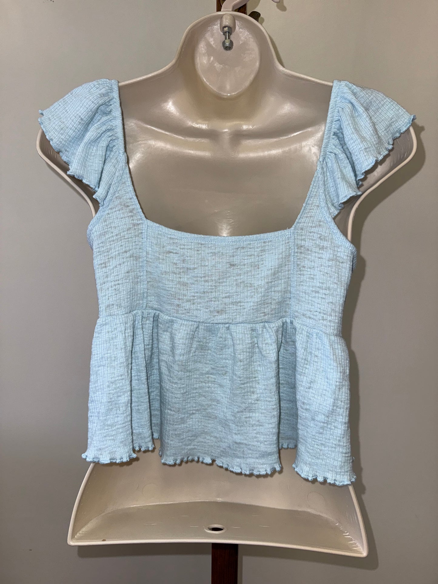 American Eagle (Medium) Light Blue Ruffled Crop Top with Tied V-Neck