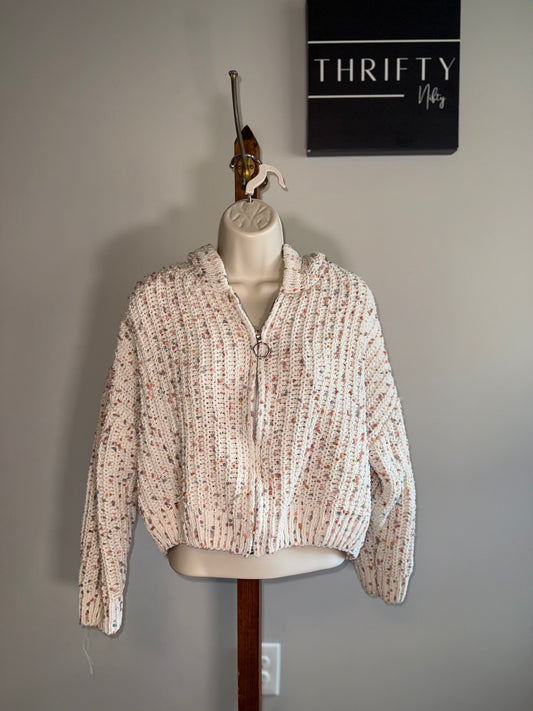 Moon & Madison (Small) Cream Knit 3/4 Zip Cropped Sweater with Hood