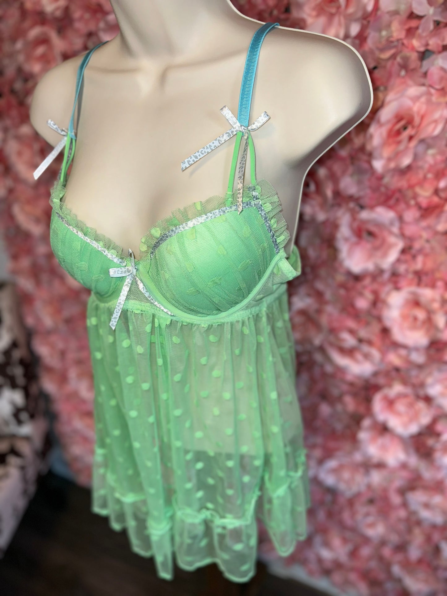 (Medium) Green Polka Dot Ruffle Sheer Lingerie Padded Bra Dress