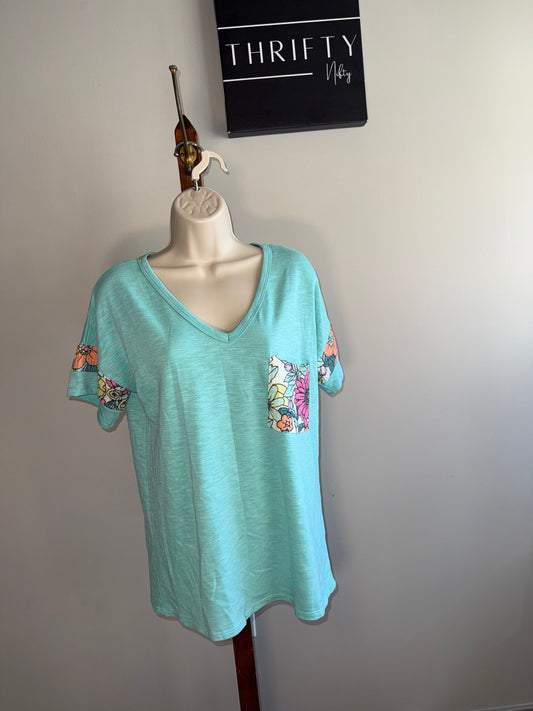 BiBi (Large) Blue Short Sleeve Tee with Floral Pattern Pocket