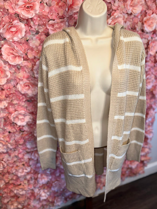 Pink Rose (Small) Creme//White Striped Sweater Cardi with Pockets & Hood