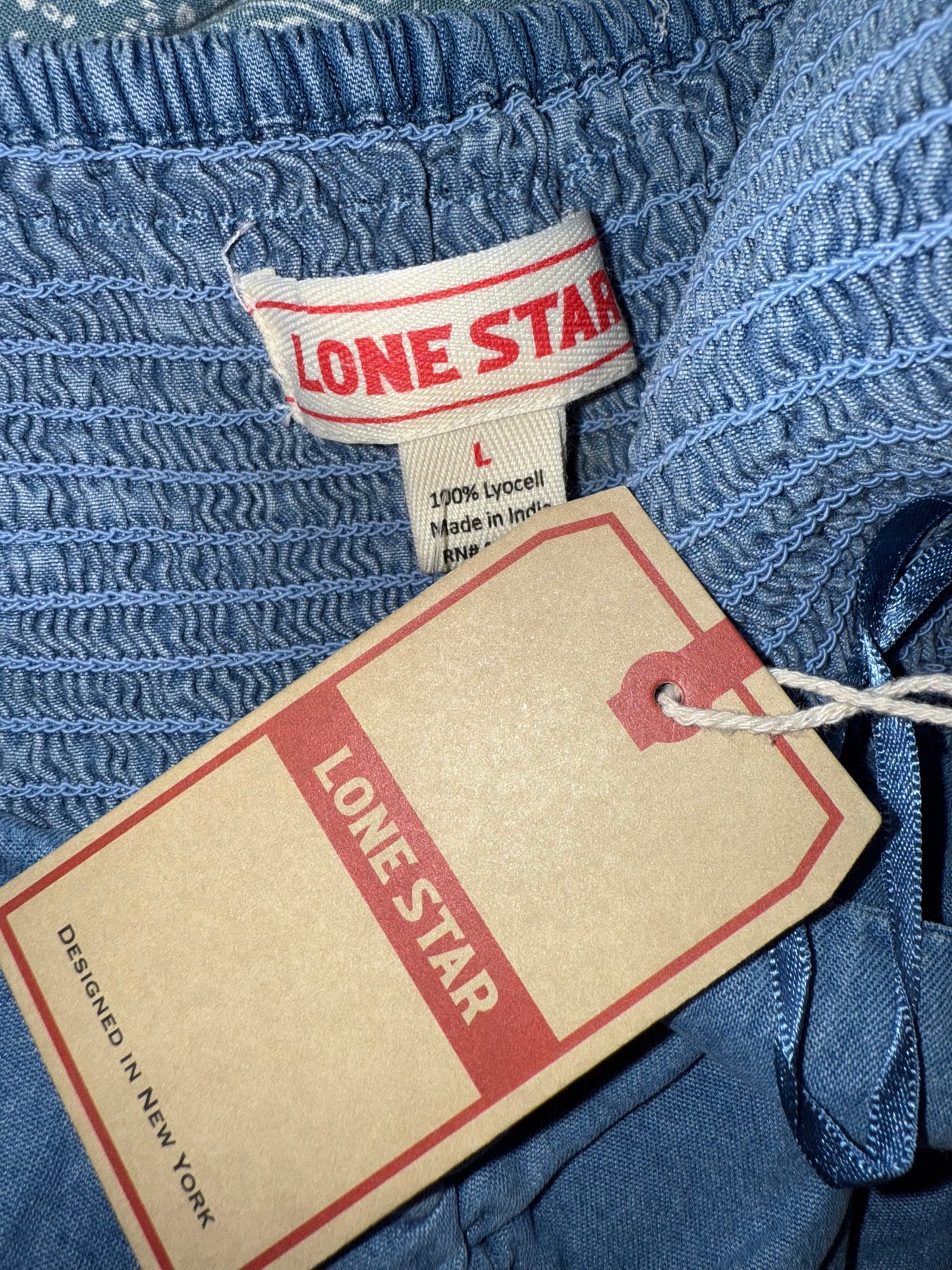 NWT Lone Star (L) Brand New Cropped Ruffle Off-The-Shoulder Denim Look Blouse