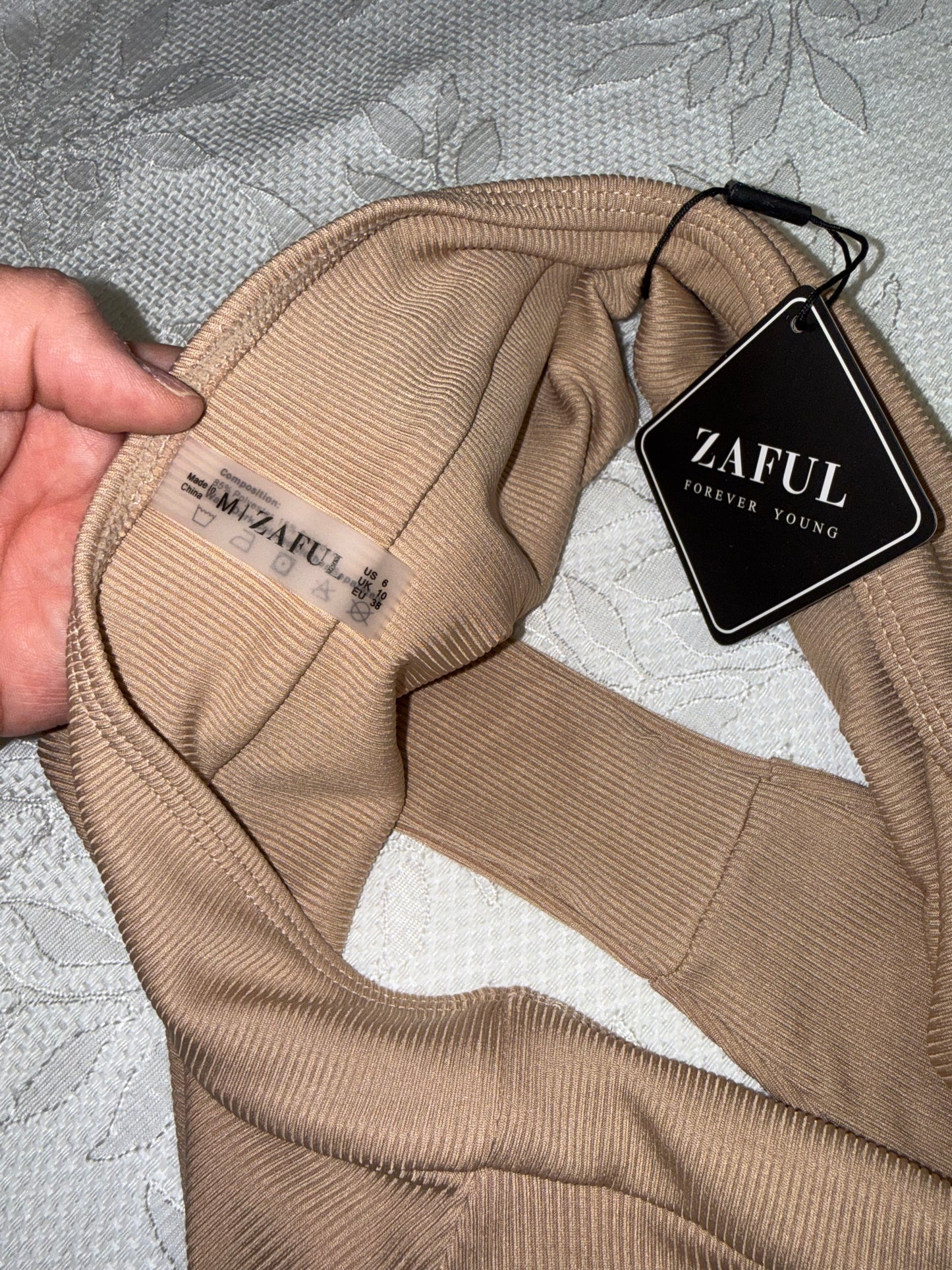 NWT Zaful (6) Brand New Tan Ribbed High Rise Bikini Swim Bottoms