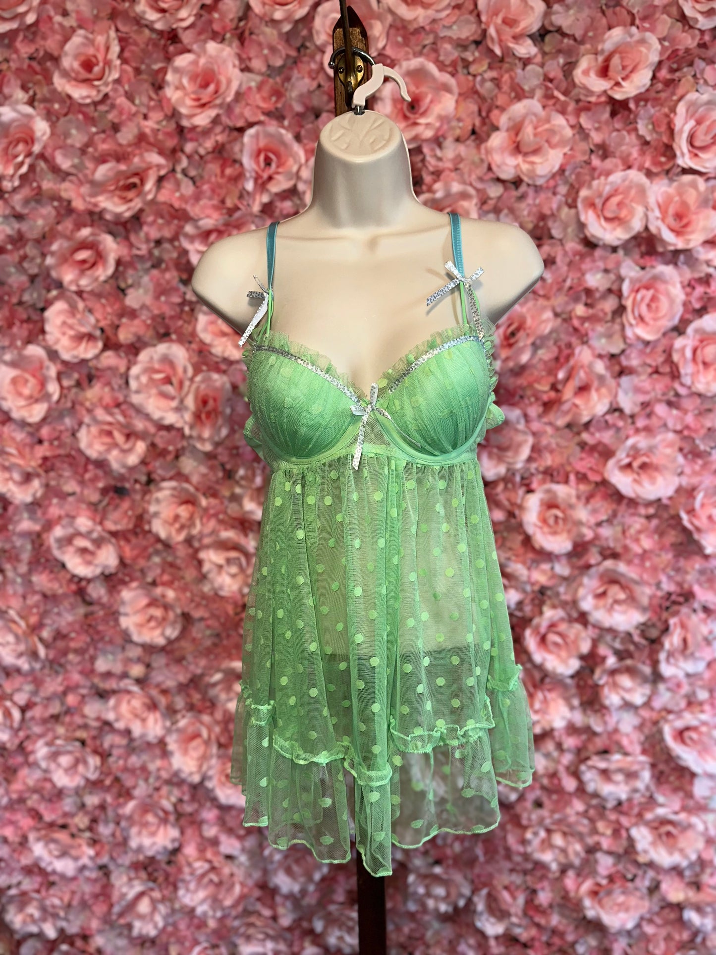 (Medium) Green Polka Dot Ruffle Sheer Lingerie Padded Bra Dress