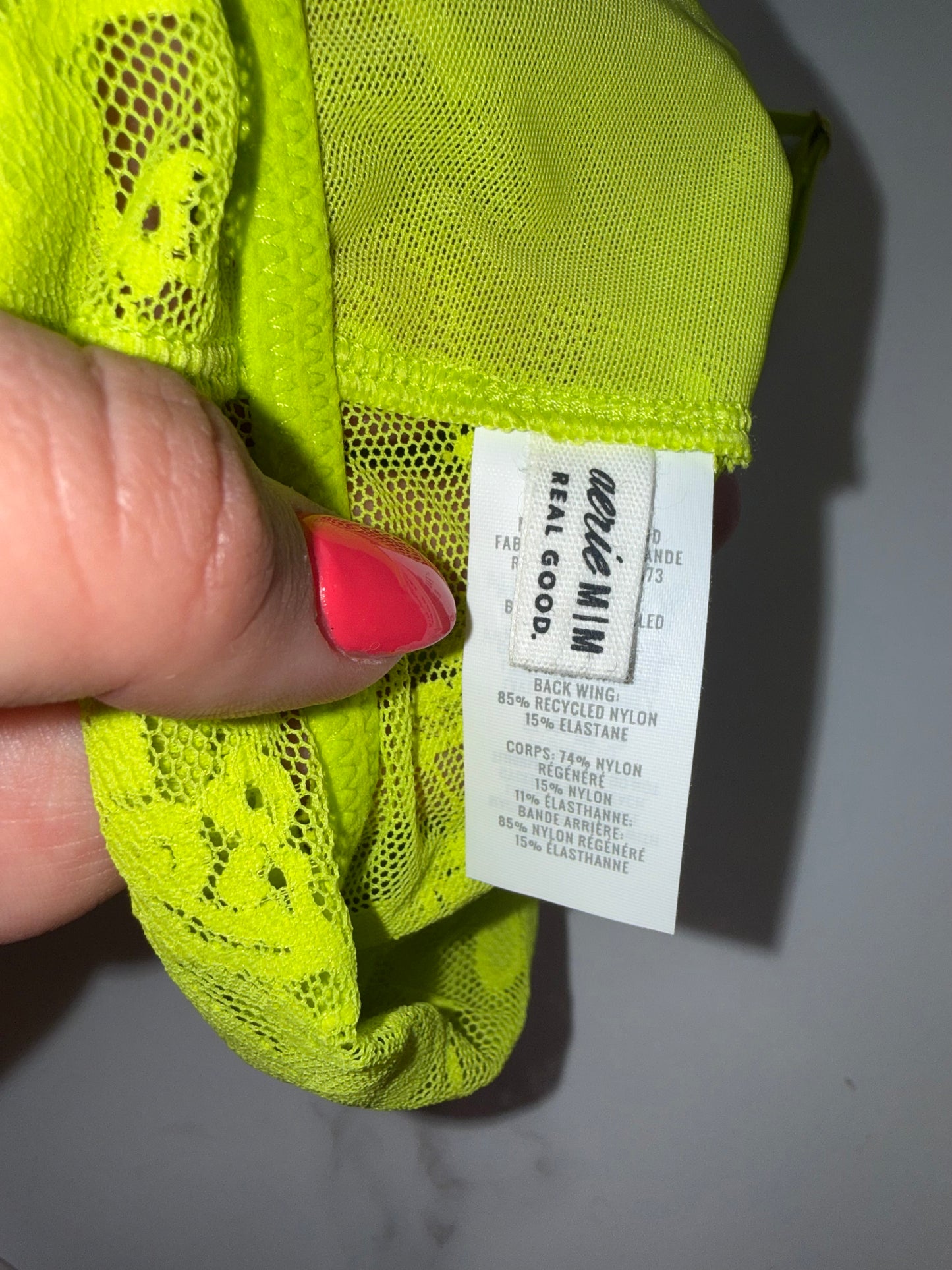 aerie (Medium) Neon Green/Yellow Floral Lace Bralette with V-Neck Cutout