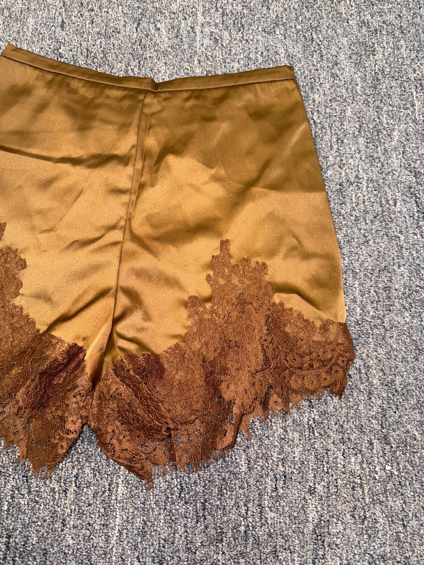Brand New Brown Polyester Shorts with Lace Bottom Hem (Small)