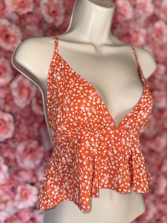 SHEIN (Medium) Orange//White Floral V-Neck Halter Tied Neck Crop Top