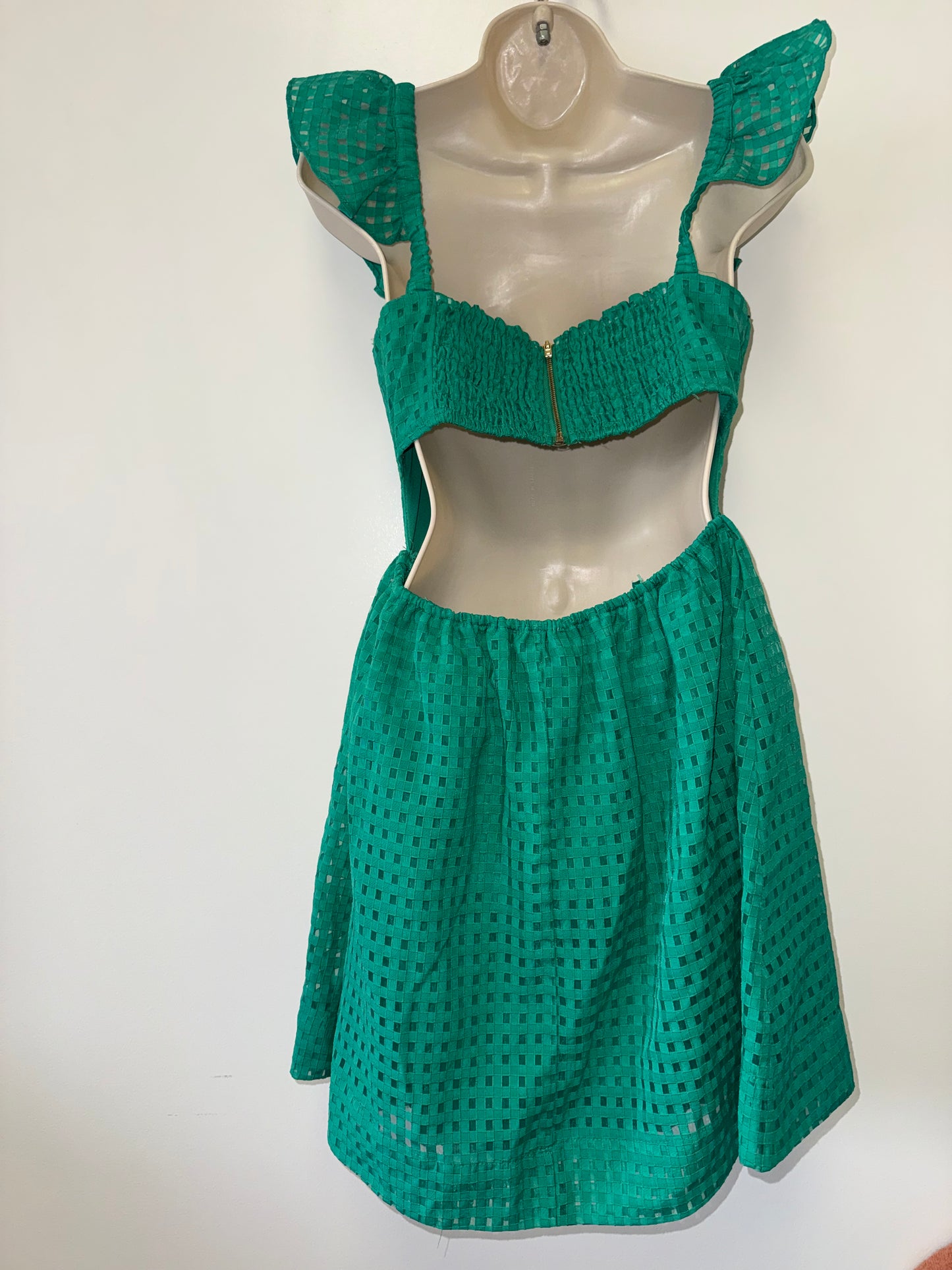 City Vibe (1) Green Midi Open Back Textured Dress with Ruffled Sleeves