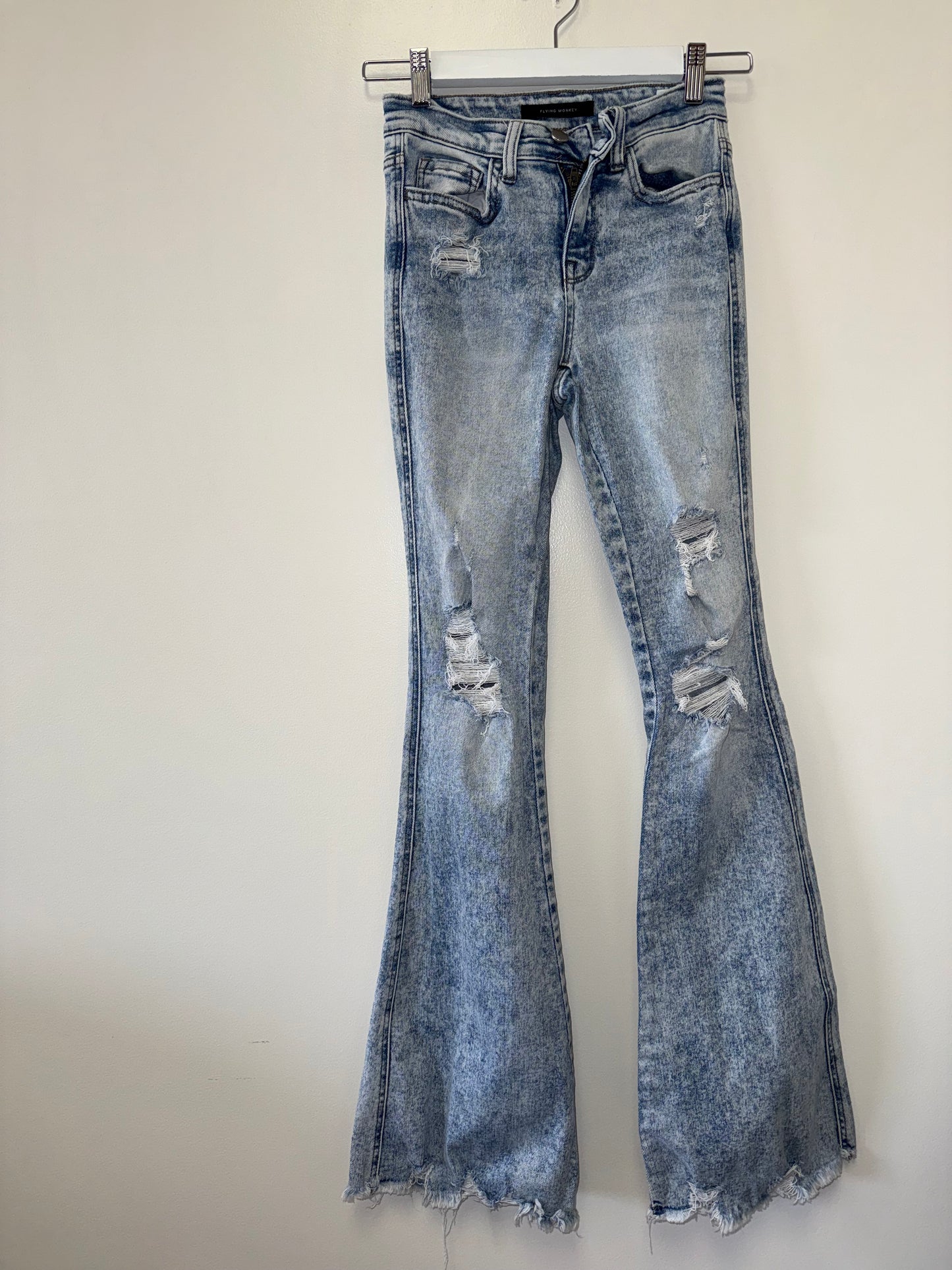 Flying Monkey (24) Distressed High Rise Flare Washed Blue Denim Jeans
