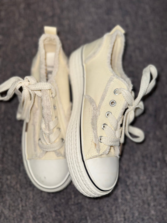 (39) Neutral Laced Sneakers with Frayed Trim