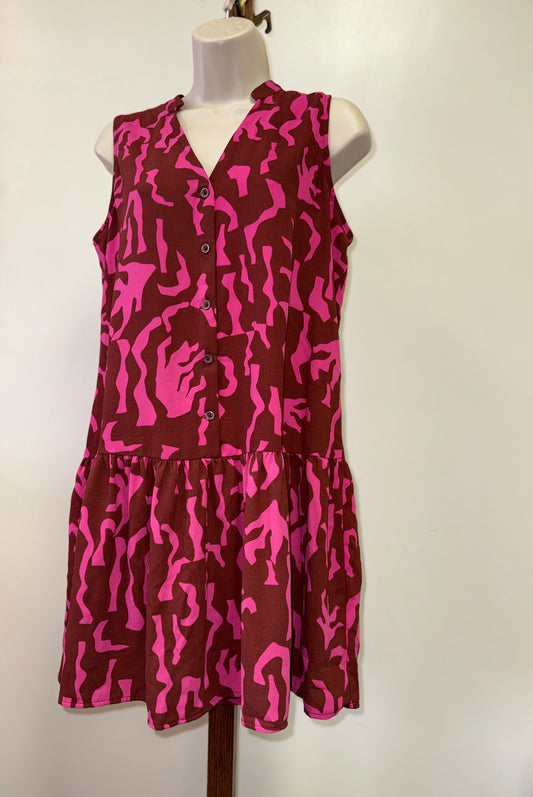 Nine West (Small) Burgundy & Pink Pattern Button Up Sleeveless Midi Dress