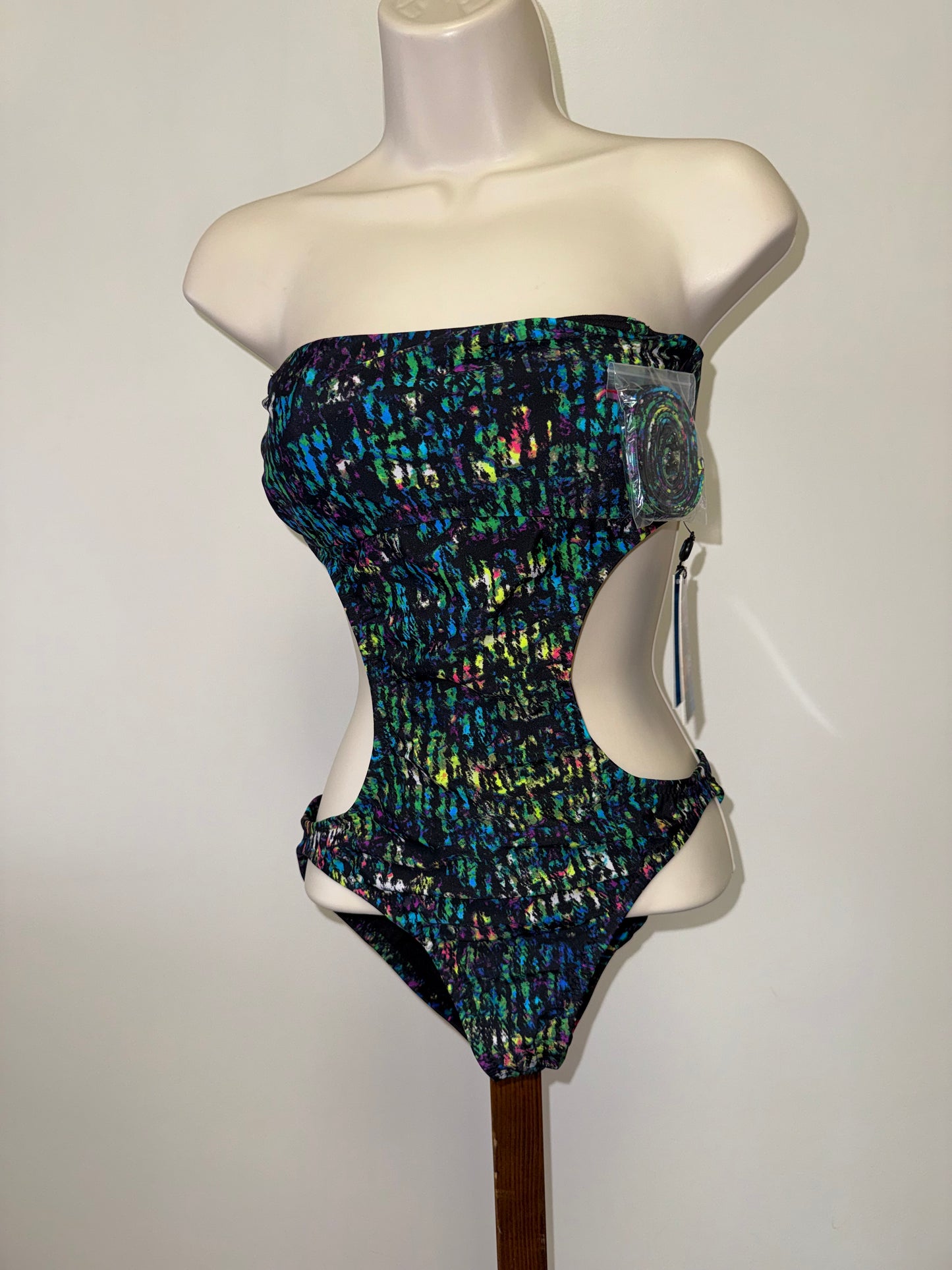 NWT Derek Lam (XS) Brand New Black w Colorful Pattern One Piece Cut Out Swimsuit