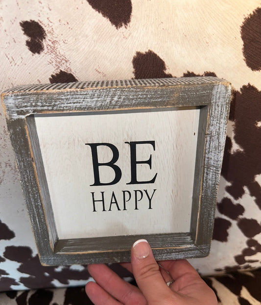 Adams & Co Home Decor "Be Happy" Neutral Farmhouse Wooden Sign