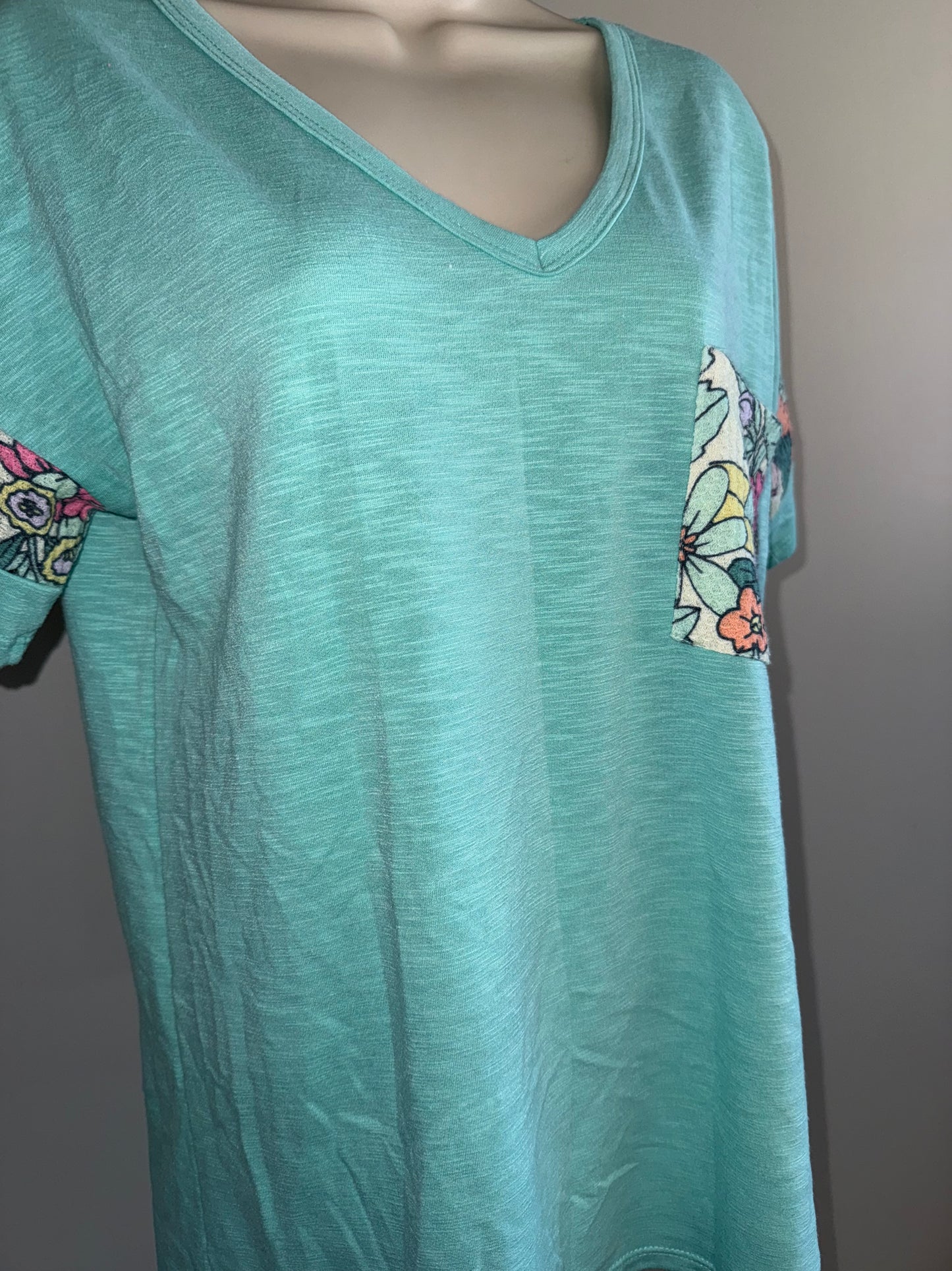 BiBi (Large) Blue Short Sleeve Tee with Floral Pattern Pocket