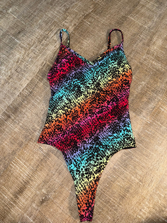 NWT PINK Victoria's Secret (XS) Brand New Black Spec Rainbow Pattern Bodysuit