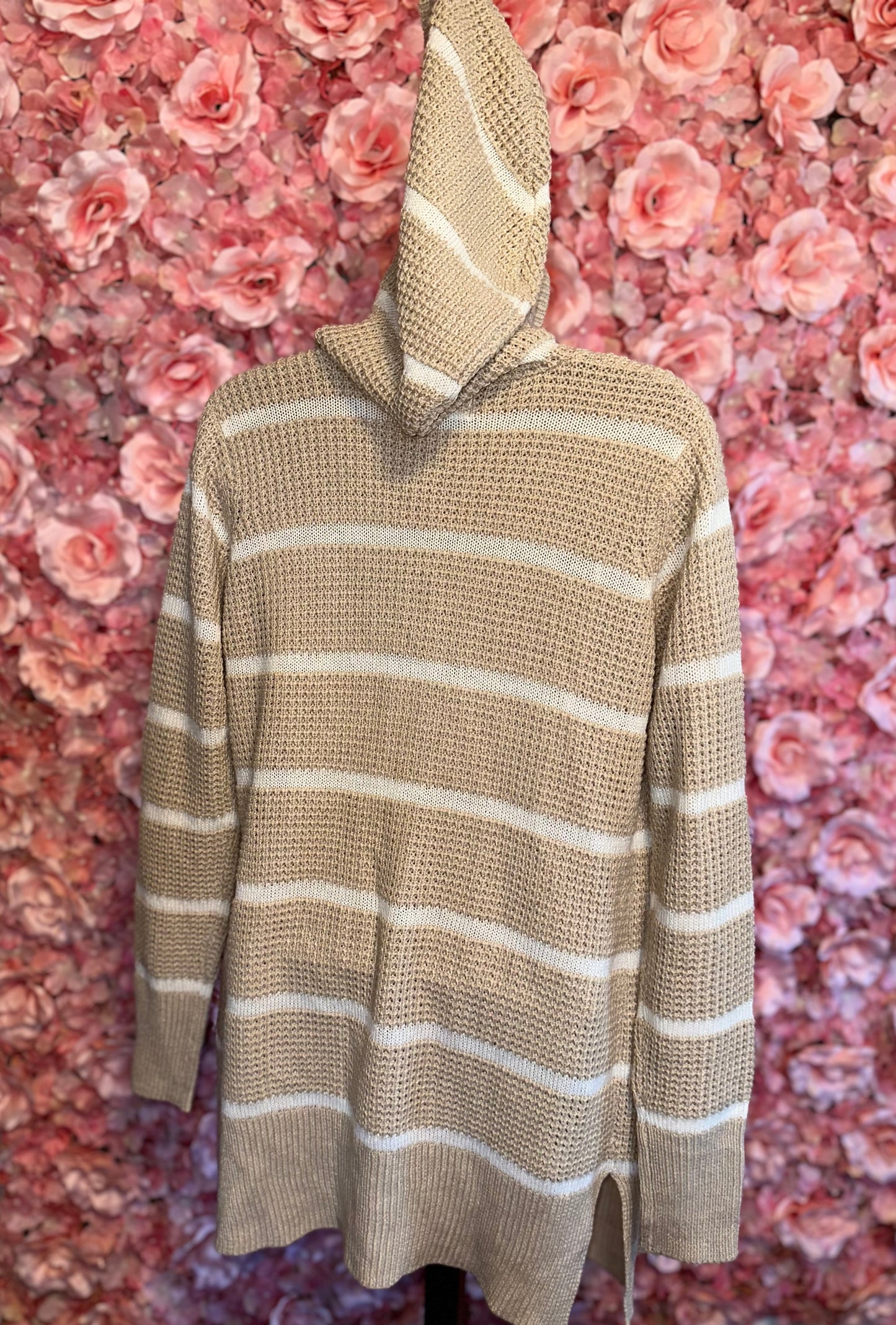 Pink Rose (Small) Creme//White Striped Sweater Cardi with Pockets & Hood