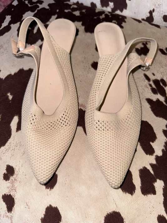 (43) Beige Knit Slingback Pointed Toe Small Heel Flats