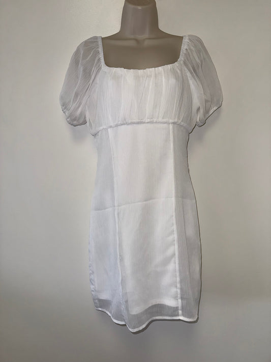 Altar'd State (Small) White Sheer Puff Sleeve Square Neck Midi Dress