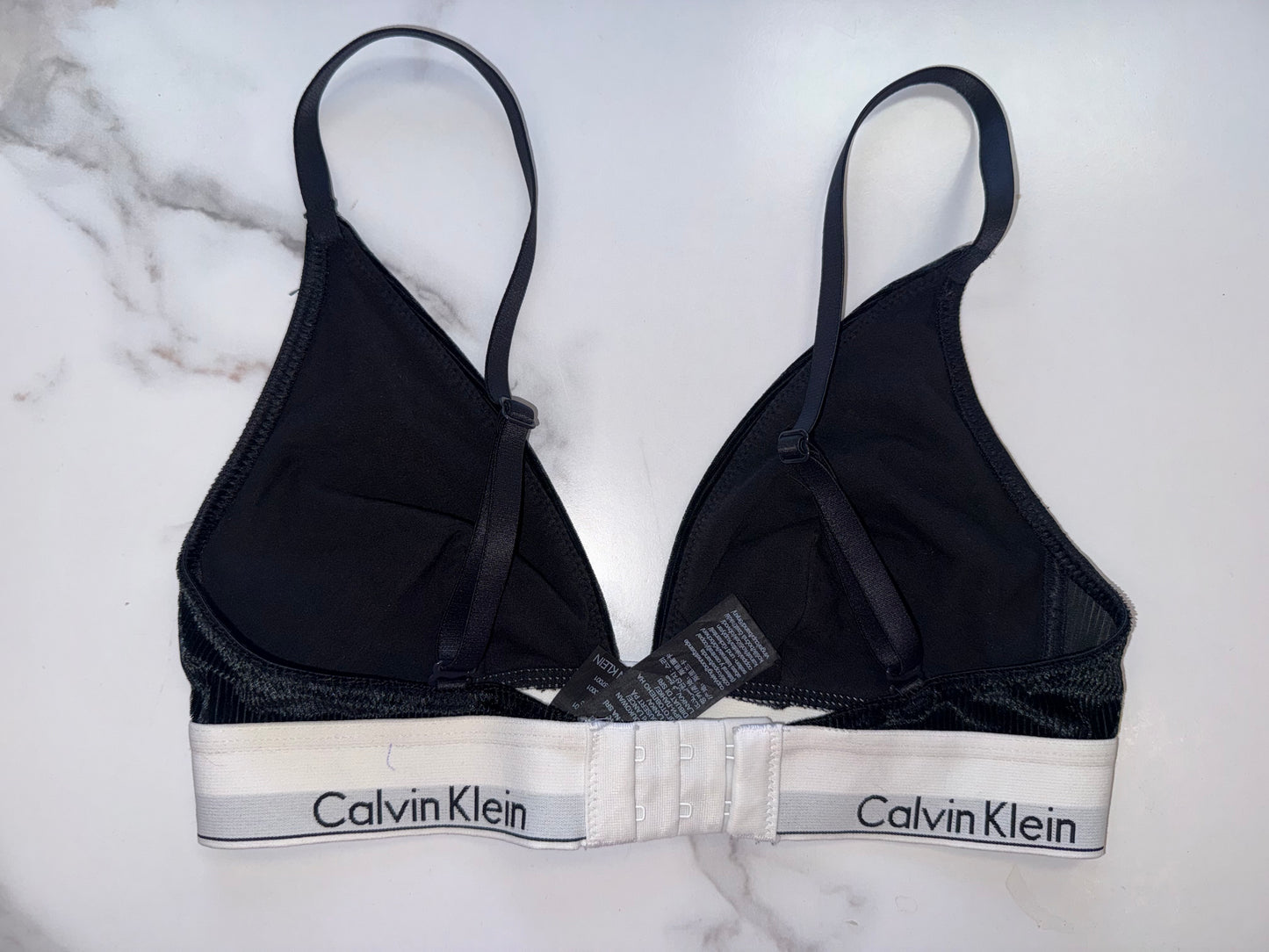 Calvin Klein (Small) Black Velour Ribbed Bralette with White Logo Band
