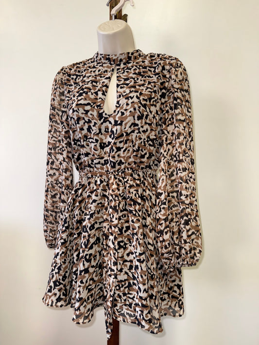 Bar lll (PP) Neutral Cheetah Print Long Sleeve Midi Dress with Open Tied Back