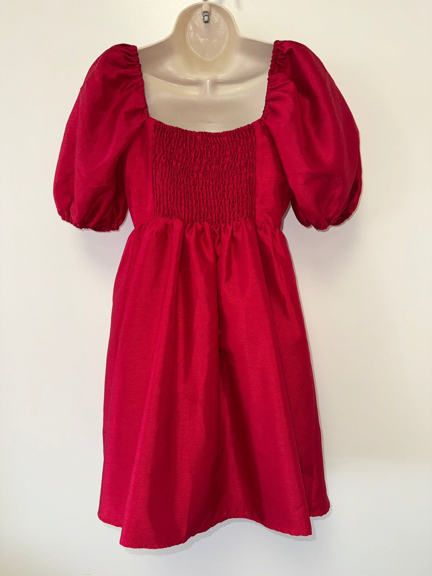 Copper Key (Small) Red Midi Dress with Puff Sleeves