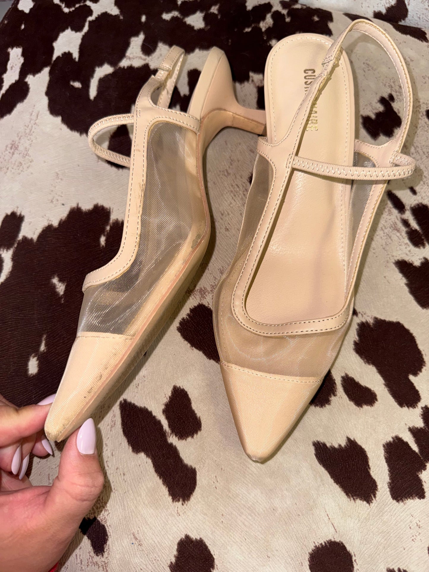 Cushionaire (8W) Nude Pointed Toe Mesh Slingback Kitten Heels