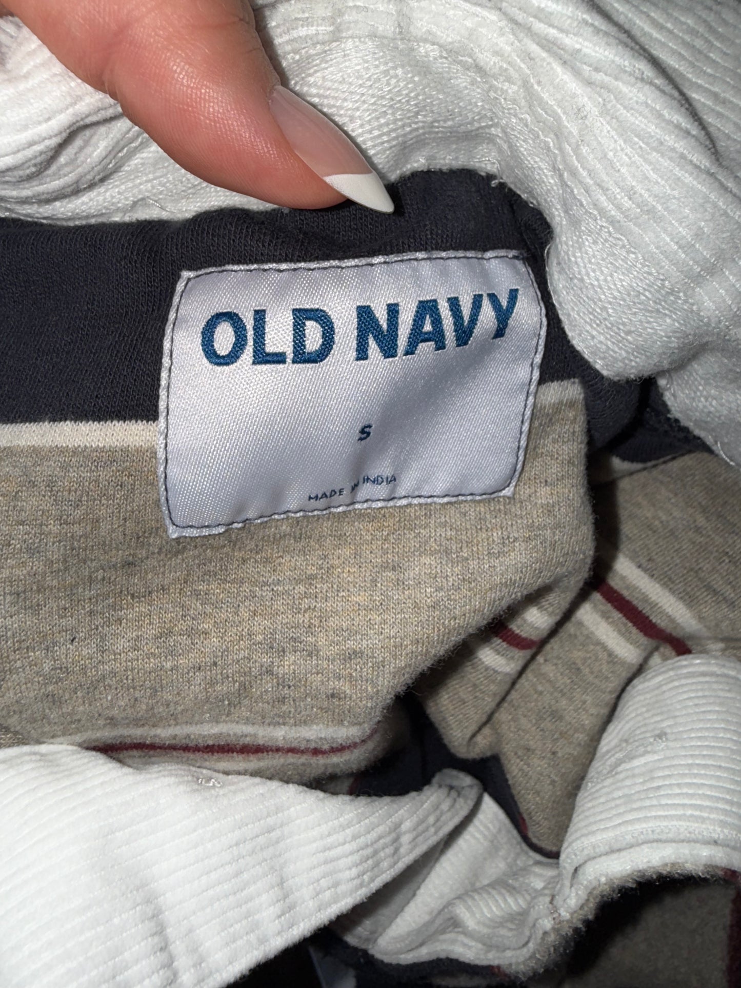 Old Navy (Small) Neutral Striped 3/4 Button Up with Corduroy Collar Quarter