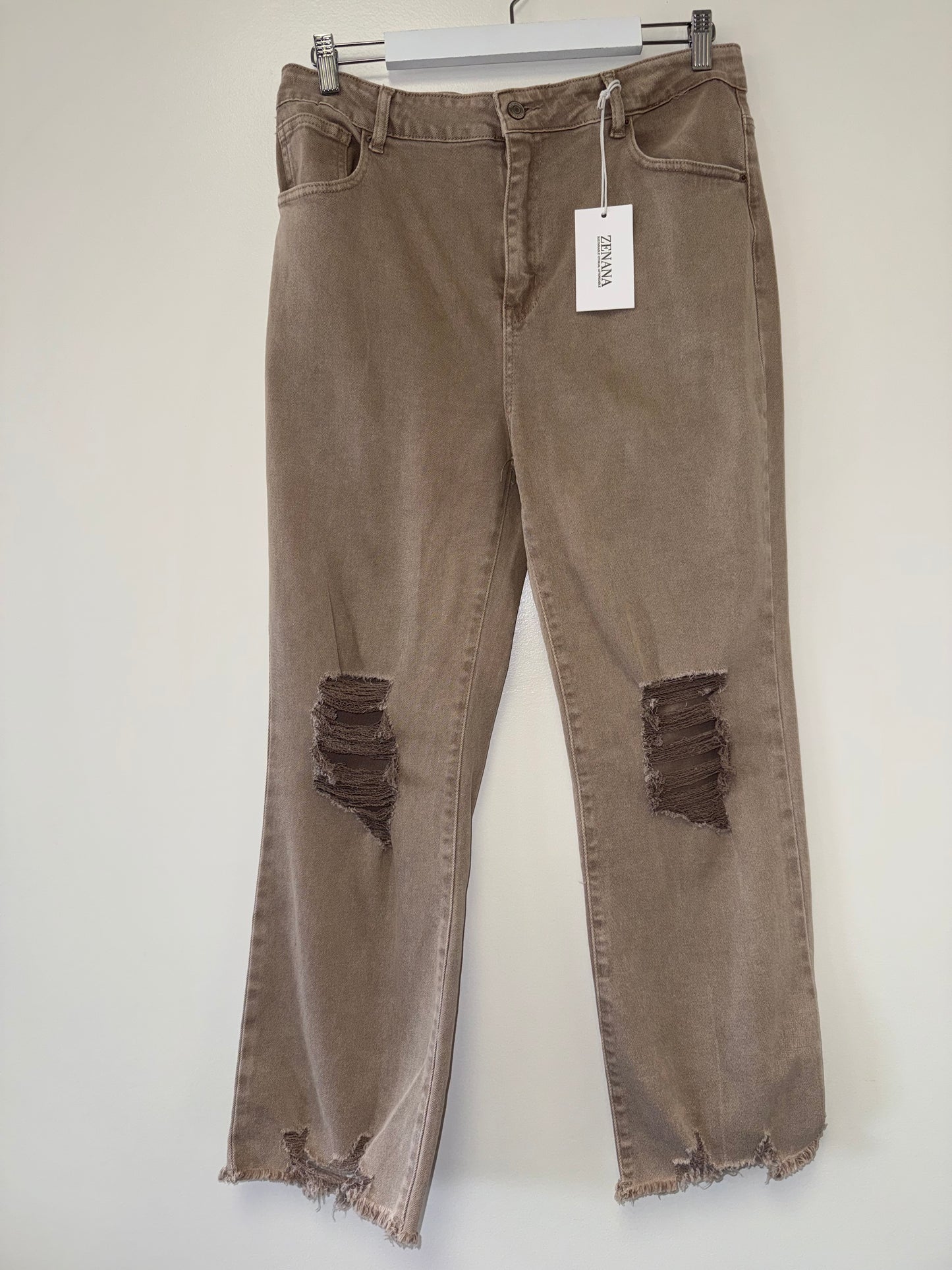 NWT Zenana (XL) Brand New Taupe Distressed Straight-Leg Jeans
