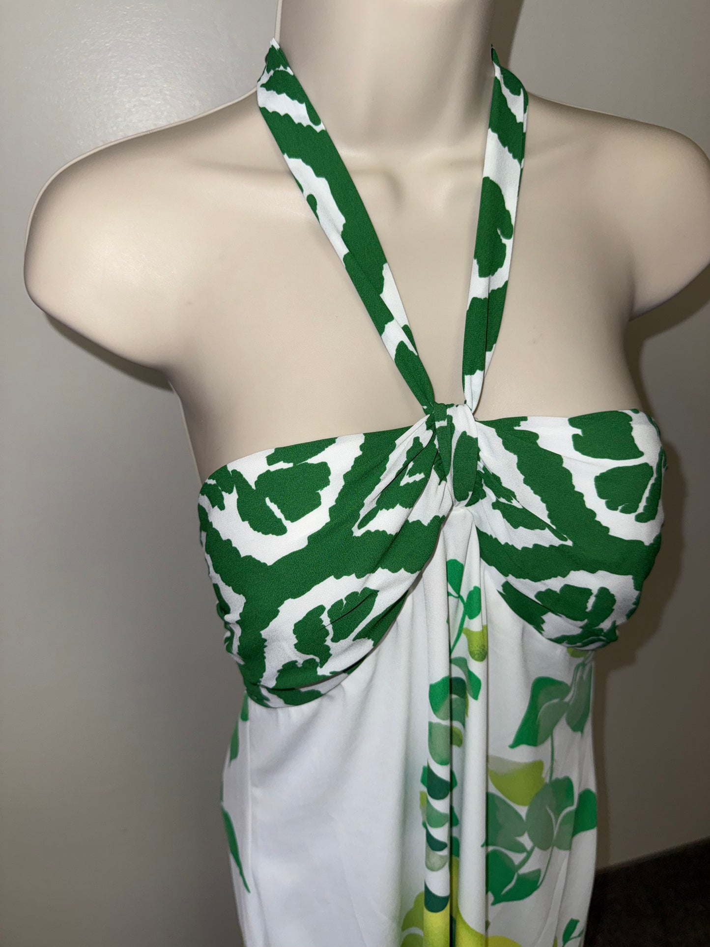 White House Black Market (4) White and Green Hawaiian Halter Neck Maxi Dress