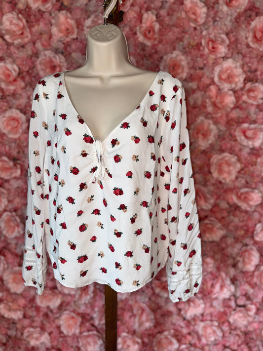 Hollister (Large) White V-Neck Long Sleeve Blouse with Floral Rose Pattern