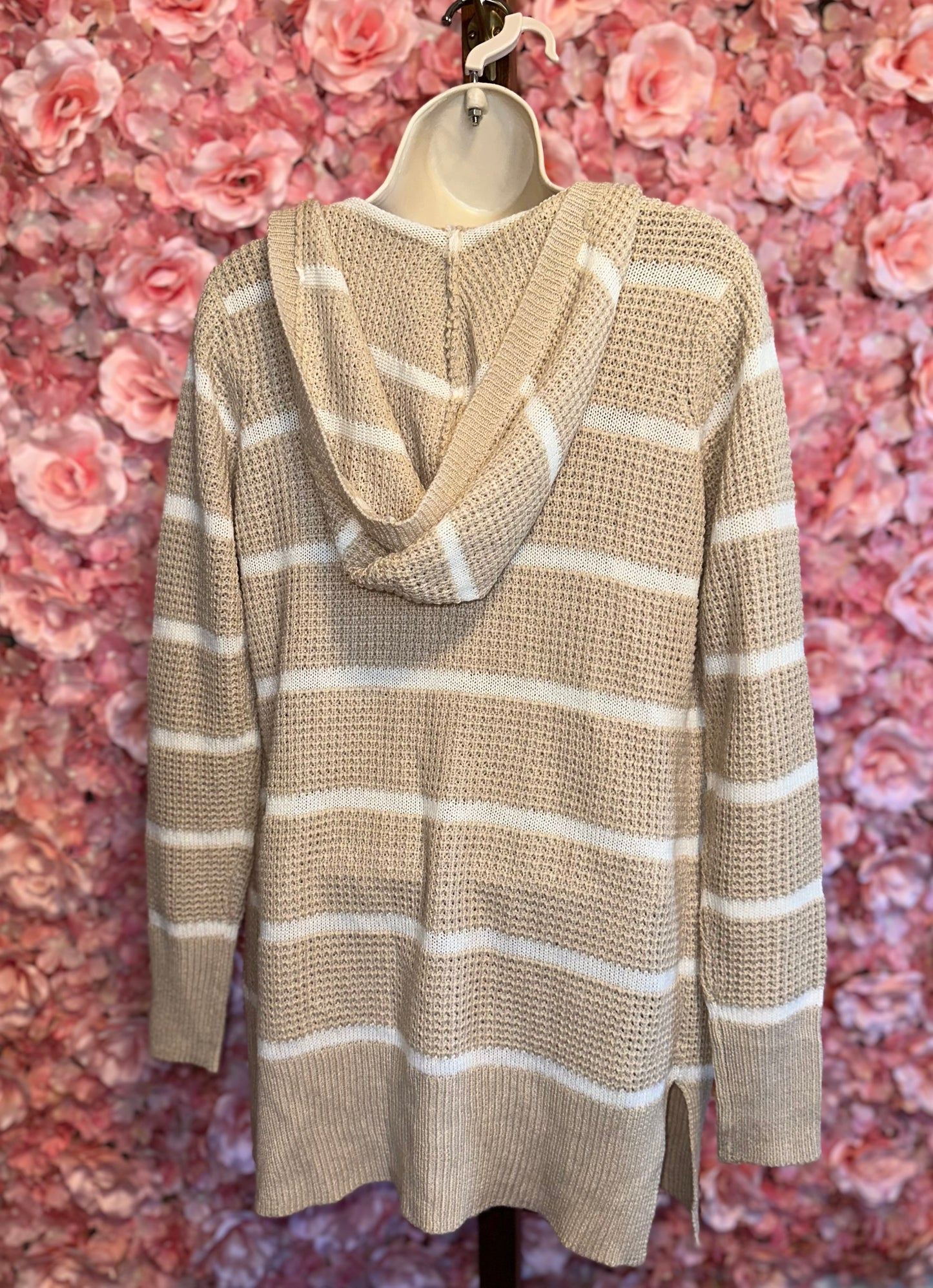 Pink Rose (Small) Creme//White Striped Sweater Cardi with Pockets & Hood