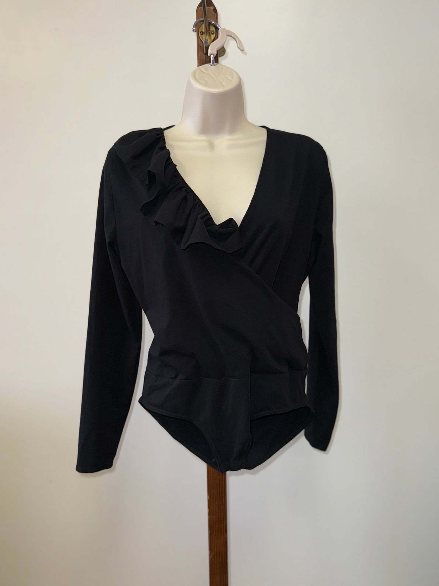 J. Crew (Medium) Black Long Sleeve Bodysuit with Cross Over Ruffle Front