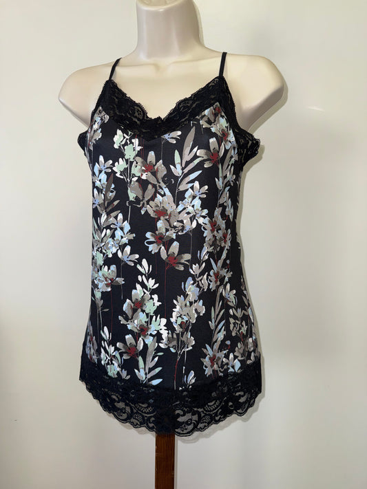 White House Black Market (Small) Black Neutral Floral Pattern Tank with Lace Trim
