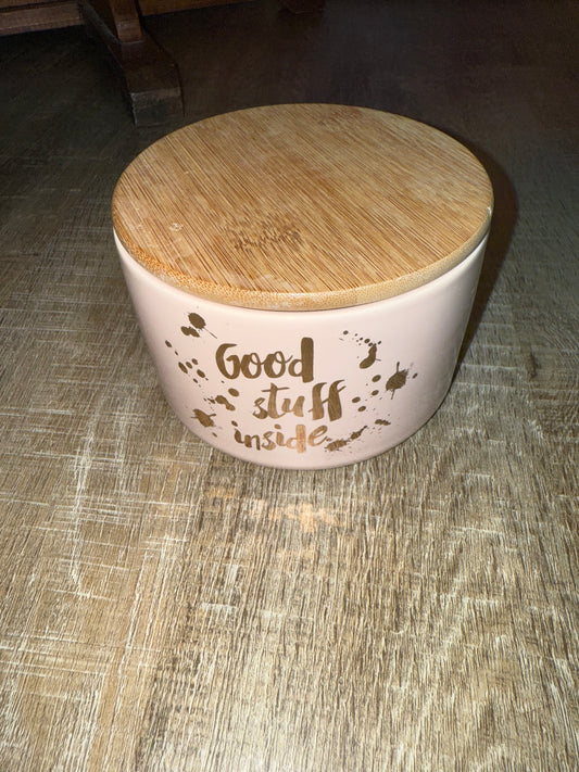 'Good Stuff Inside' Ceramic Jar with Wooden Lid Jewelry Storage