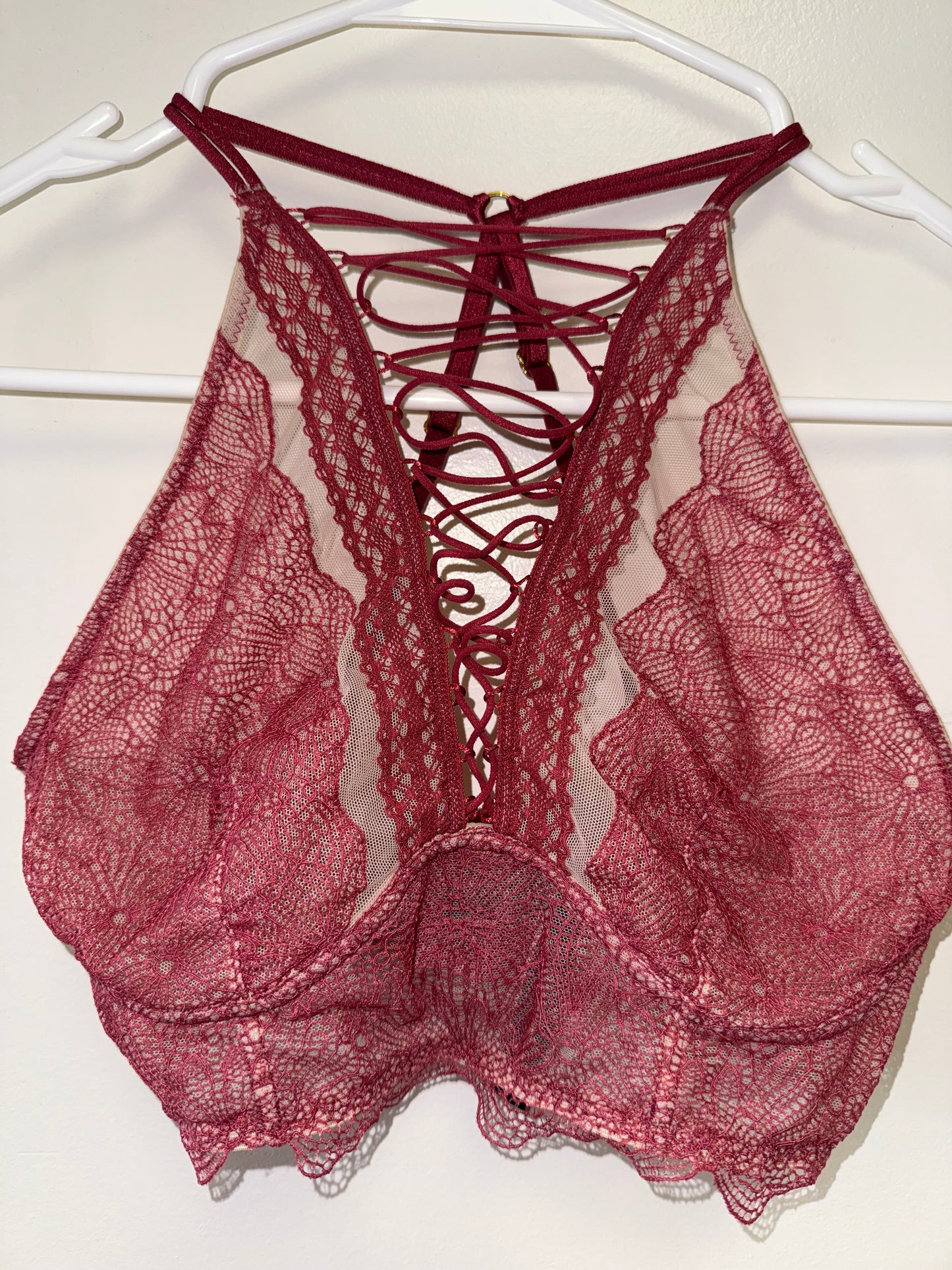 Victoria's Secret (Medium) Red/Nude Lace/Sheer Bralette with Criss Cross Front