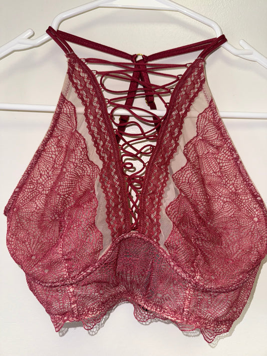 Victoria's Secret (Medium) Red/Nude Lace/Sheer Bralette with Criss Cross Front