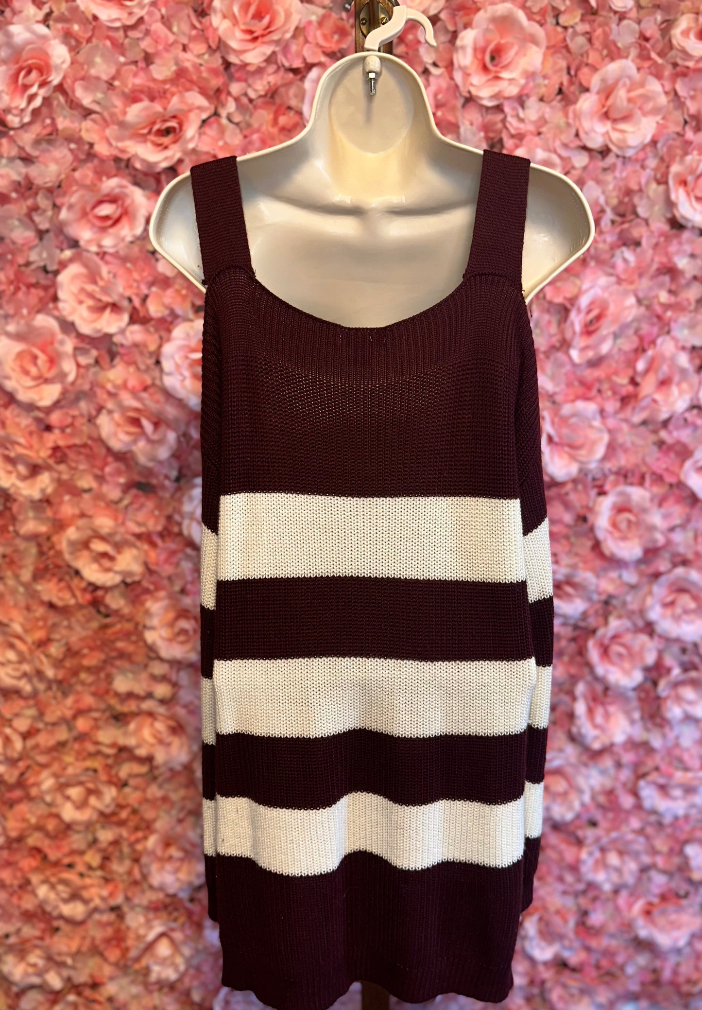 New York & Company (Small) Maroon/White Striped Cold Shoulder Striped Sweater