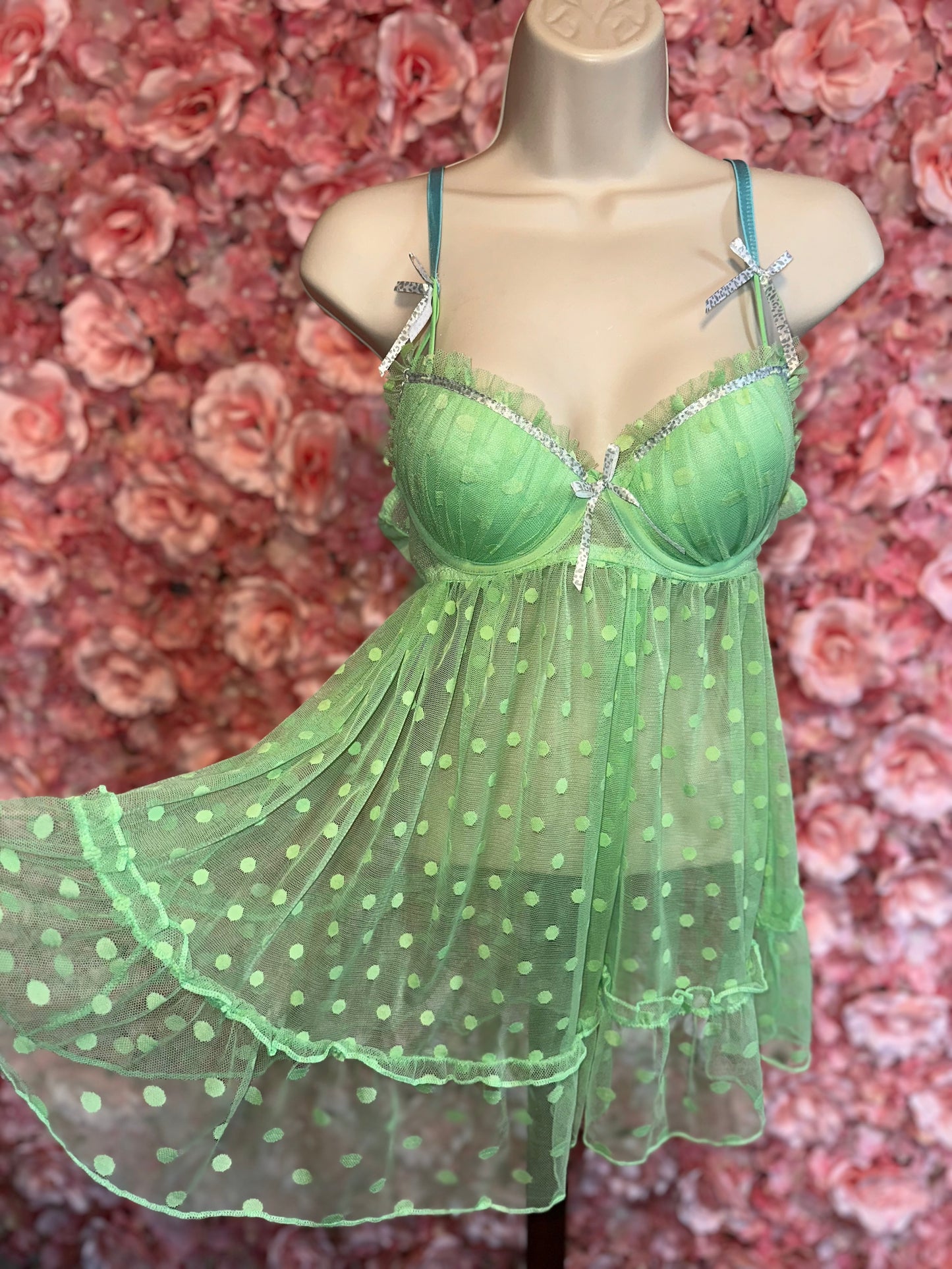 (Medium) Green Polka Dot Ruffle Sheer Lingerie Padded Bra Dress