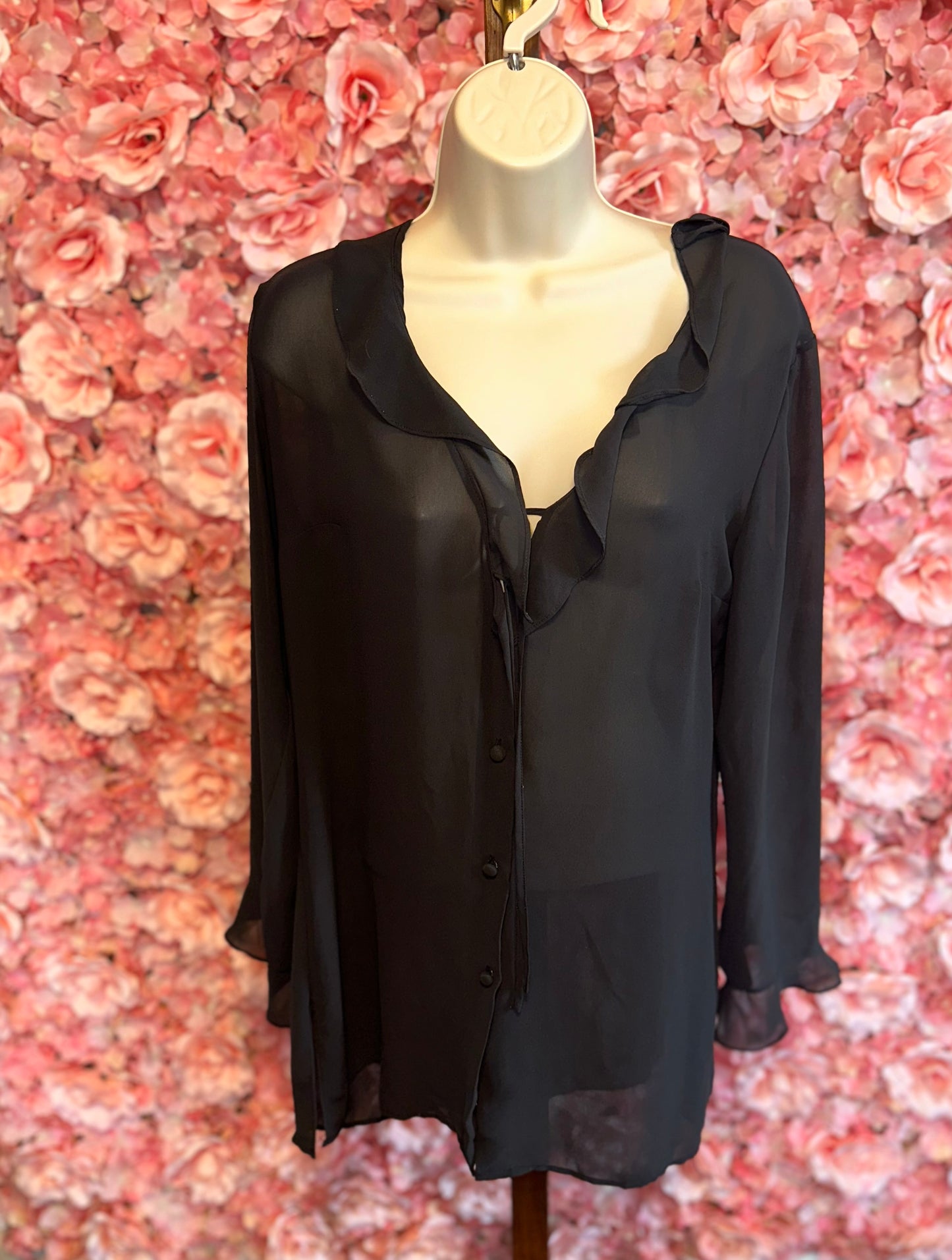 Victoria's Secret (Medium) Black Lightweight V-Neck Button Up w Ruffle Trim