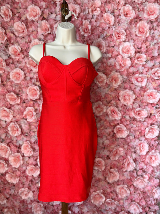 Haute Monde (Small) Bright Orange Spaghetti Strap Midi Form Fitting Dress
